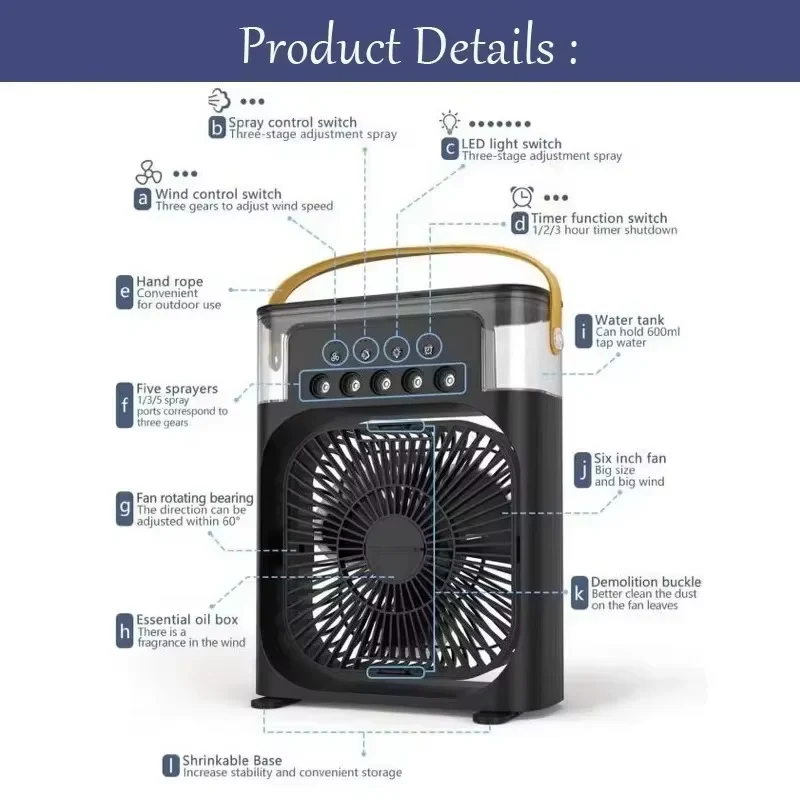 Household Small Air Cooler Three-In-One Fan Air Conditioner LED Night Light Portable Humidifier Air Conditioner Fan Office Home